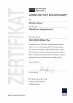 Zertifikat von Simon A. zum vorbeugenden Brandschutz von ECO Seminare